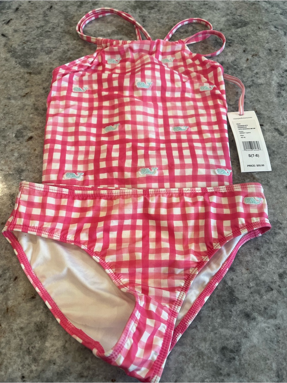 Vineyard Vines Pink Gingham Two-Piece Bathing Suit with Whales. Size S (7-8)
